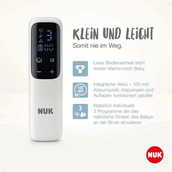 NUK elektrische Doppelmilchpumpe Soft & Easy mit Akku und weicgen Brustaufsätzen inkl. Babyflasche Perfect Match 150ml Preisnachlass