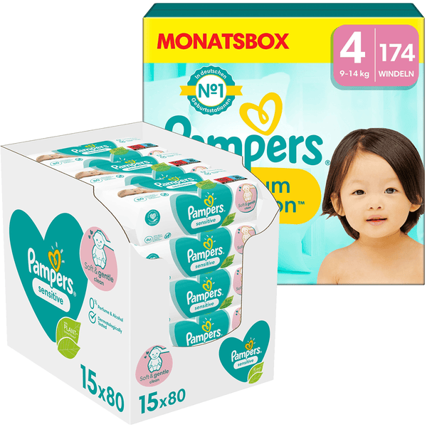 Pampers Premium Protection, Gr. 4, 9-14kg, Monatsbox (1x 174 Windeln) und Pampers Sensitive Feuchttücher 1200 Tücher (15 x 80 Stk) Weihnachtsangebot