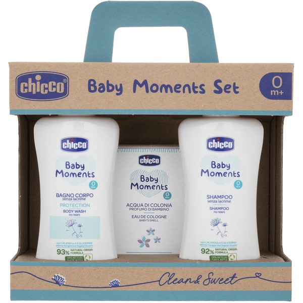 chicco Baby Moments Set 1 Körperbad 200 ml, Shampoo 200 ml, Eau de Cologne 100 ml Valentinstagsangebot